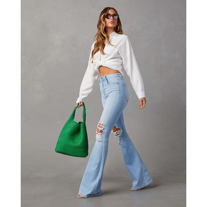 Women Blue Bootcut Ripped Knee Light Fade Jeans