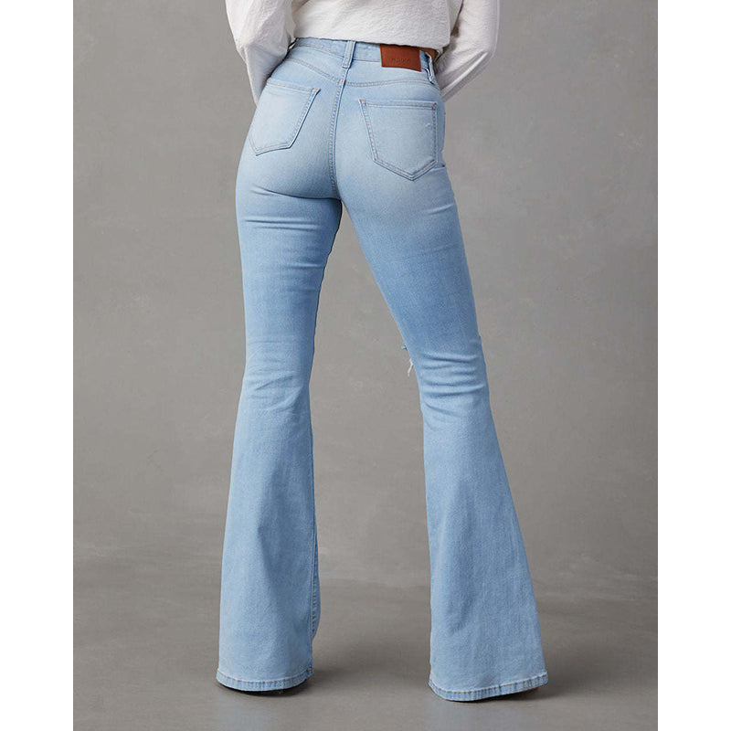 Women Blue Bootcut Ripped Knee Light Fade Jeans