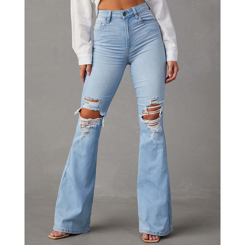 Women Blue Bootcut Ripped Knee Light Fade Jeans