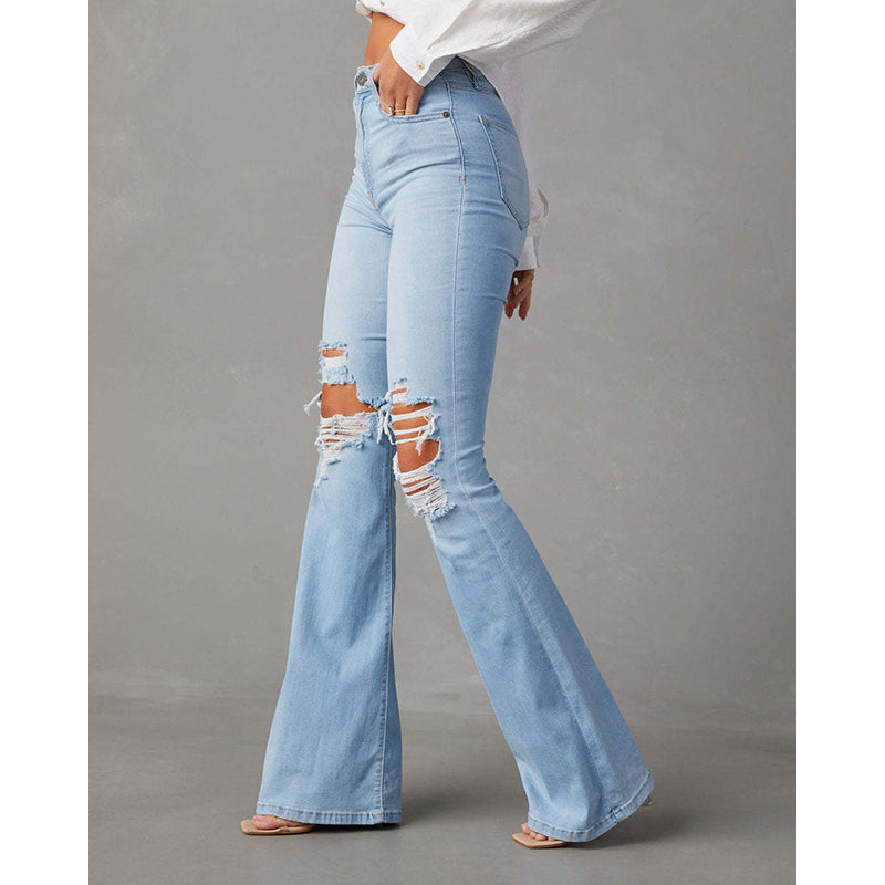 Women Blue Bootcut Ripped Knee Light Fade Jeans