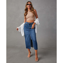 Frayed Denim Straight Skirt