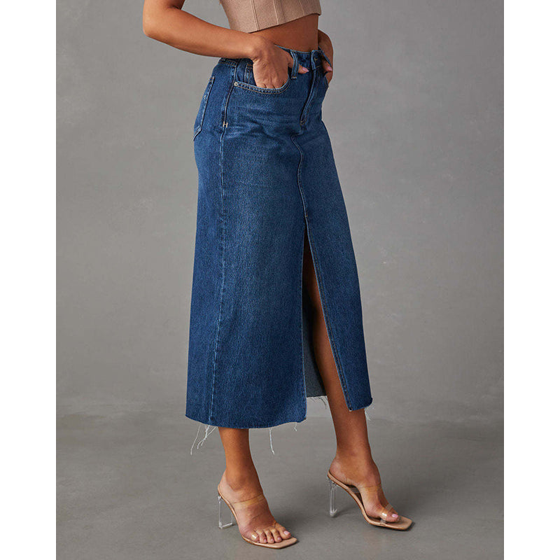 Frayed Denim Straight Skirt