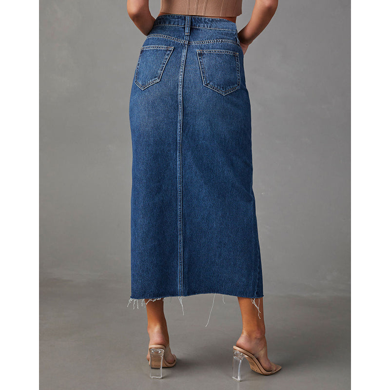 Frayed Denim Straight Skirt