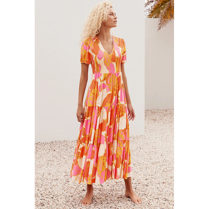 Women V-Neck Puff Sleeves Abstract Print Layered Maxi Dress