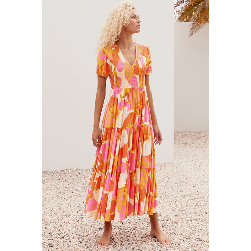 Women V-Neck Puff Sleeves Abstract Print Layered Maxi Dress