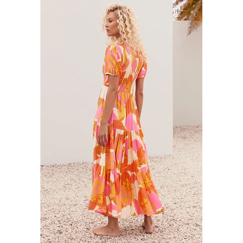Women V-Neck Puff Sleeves Abstract Print Layered Maxi Dress