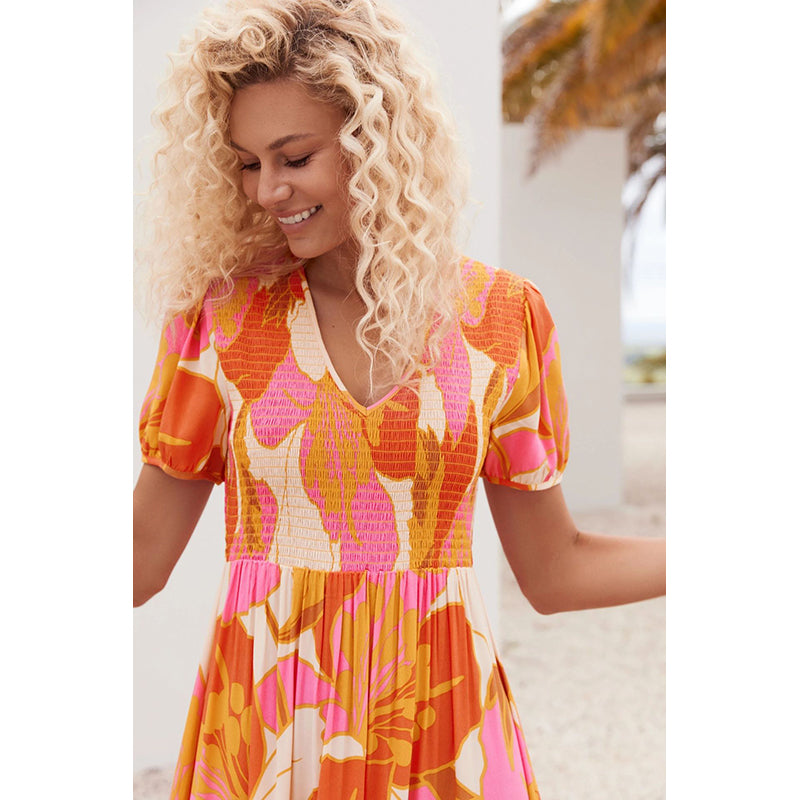 Women V-Neck Puff Sleeves Abstract Print Layered Maxi Dress