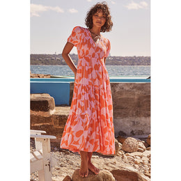 Women V-Neck Puff Sleeves Abstract Print Layered Fit and Flare Dress