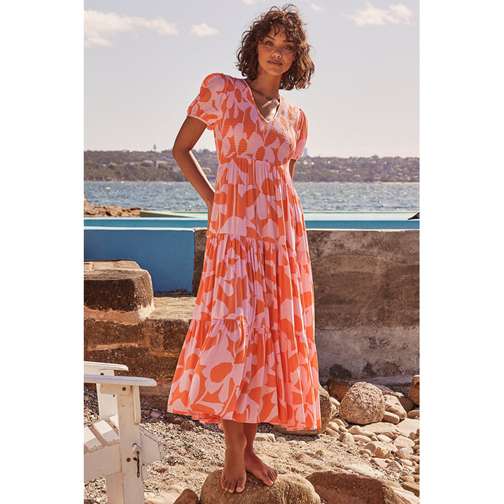 Women V-Neck Puff Sleeves Abstract Print Layered Fit and Flare Dress