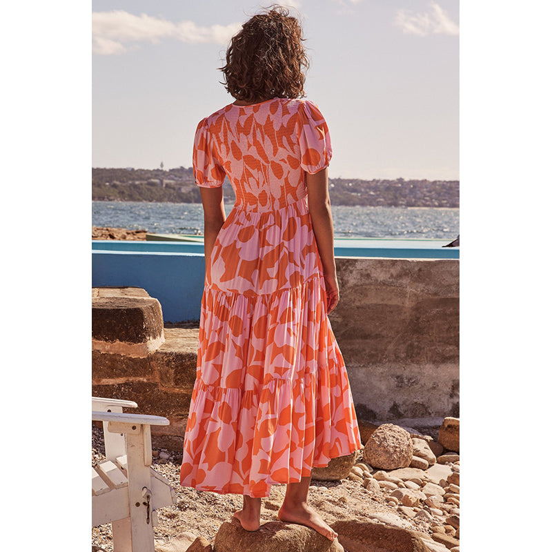 Women V-Neck Puff Sleeves Abstract Print Layered Fit and Flare Dress