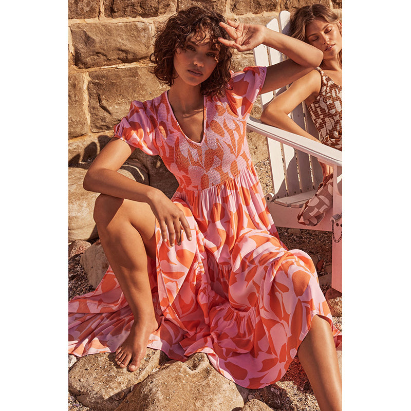 Women V-Neck Puff Sleeves Abstract Print Layered Fit and Flare Dress