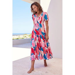 Women Puff Sleeves Abstract Print Layered Fit and Flare Midi Dress