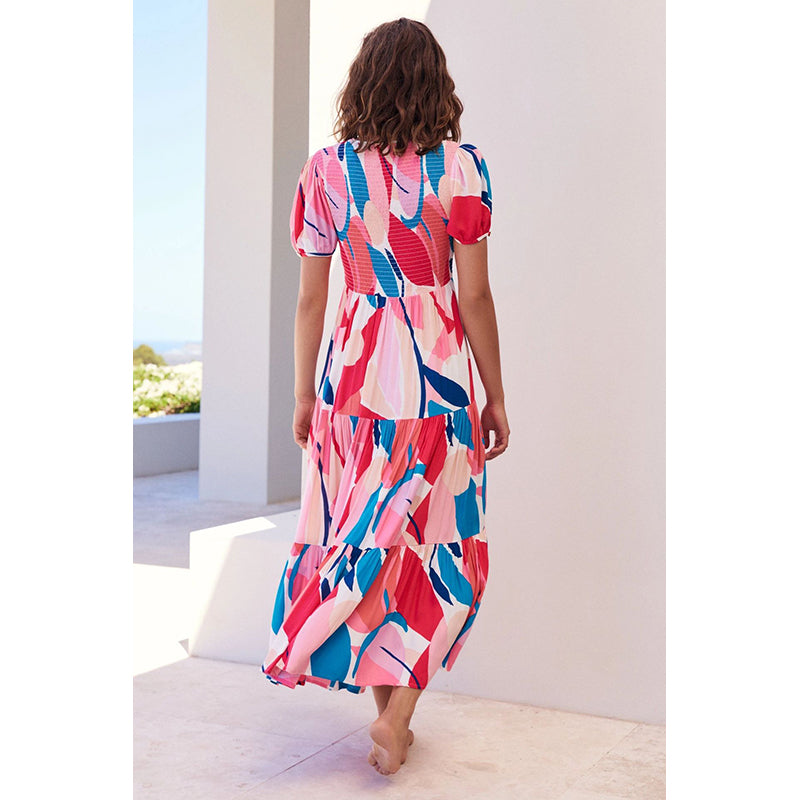 Women Puff Sleeves Abstract Print Layered Fit and Flare Midi Dress