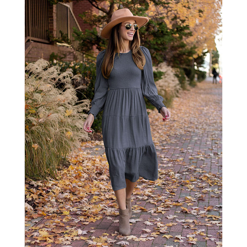 Grey Bishop Sleeve Tiered A-Line Midi Dress
