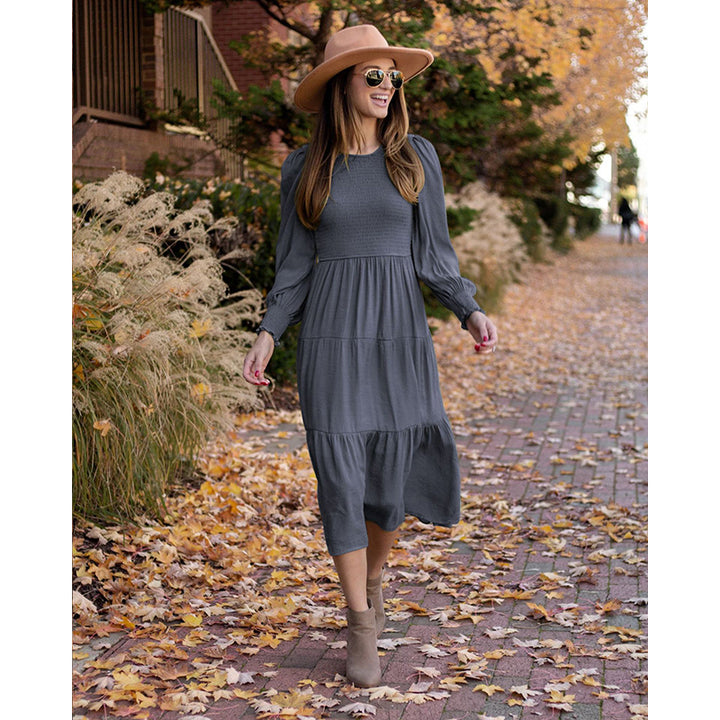 Grey Bishop Sleeve Tiered A-Line Midi Dress