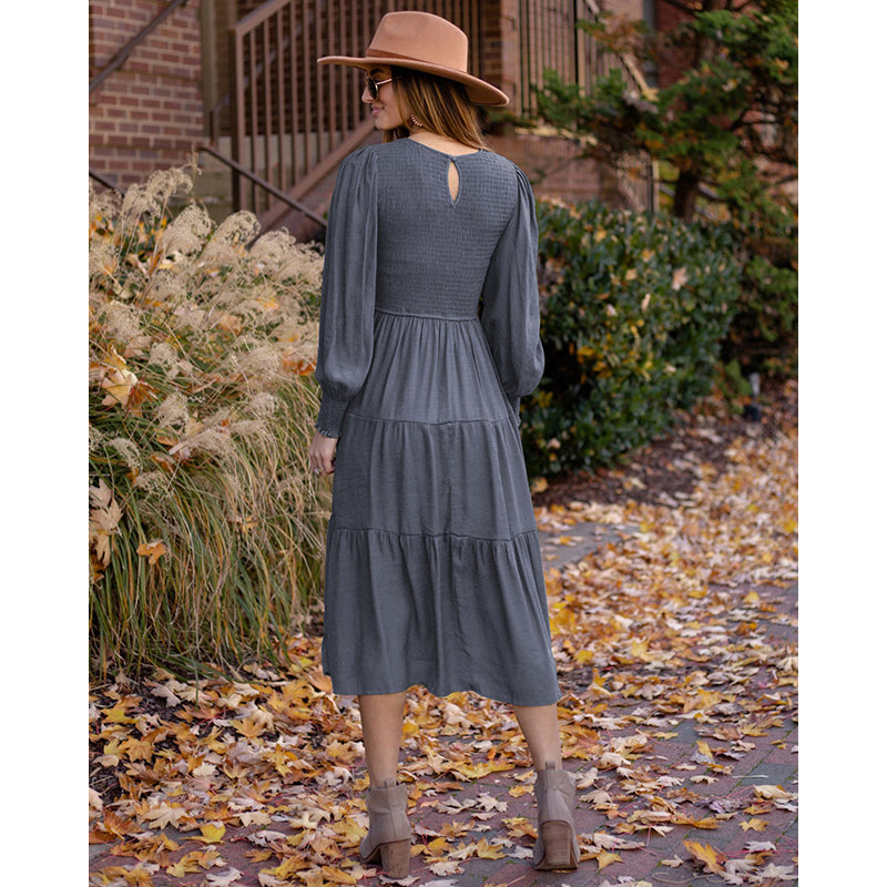 Grey Bishop Sleeve Tiered A-Line Midi Dress
