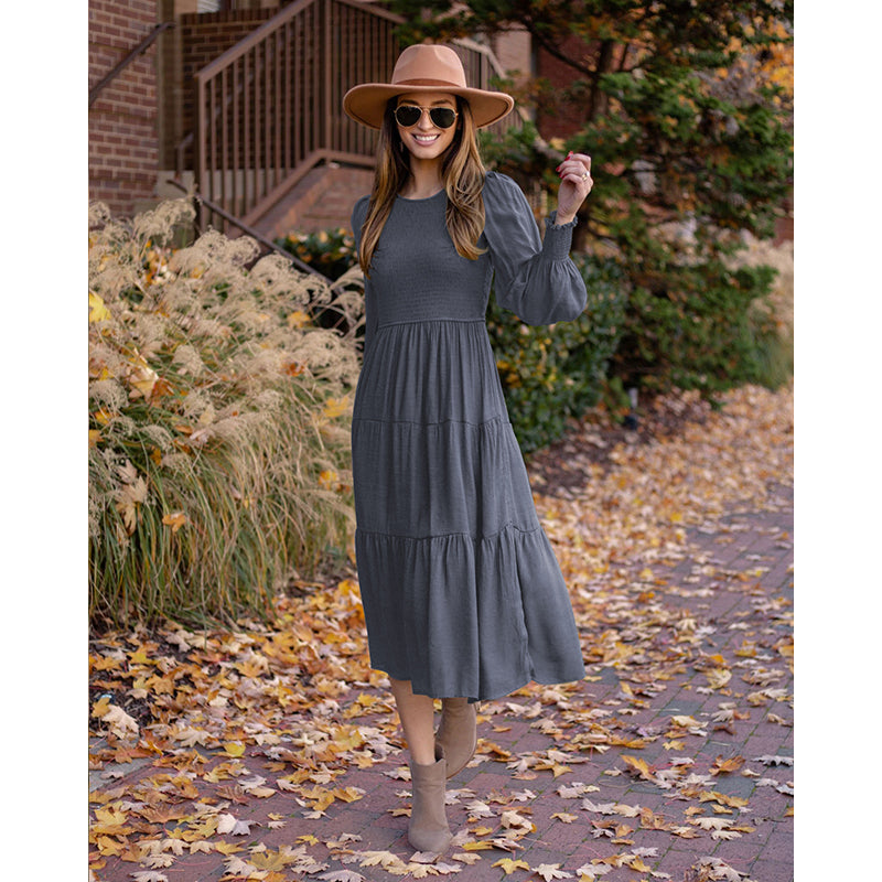 Grey Bishop Sleeve Tiered A-Line Midi Dress