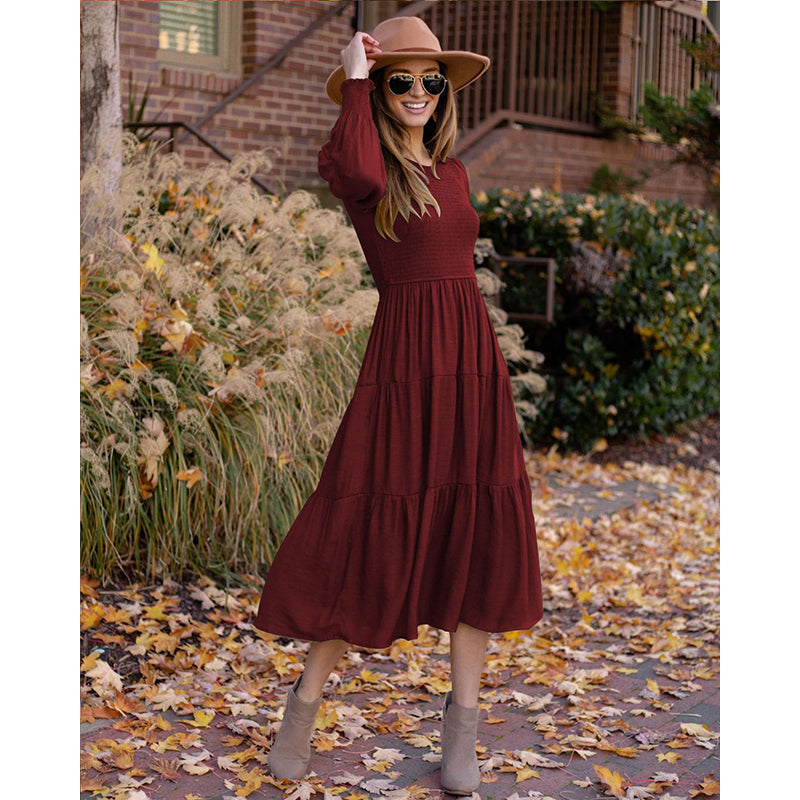 Maroon Cuffed Sleeves Tiered Detail Fit and Flare Midi Dress