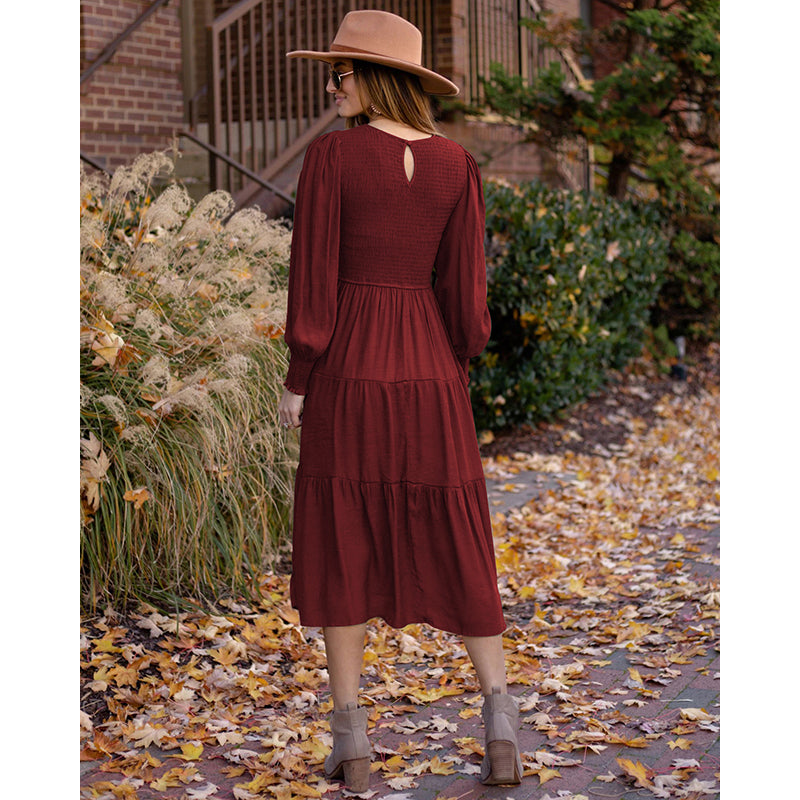 Maroon Cuffed Sleeves Tiered Detail Fit and Flare Midi Dress