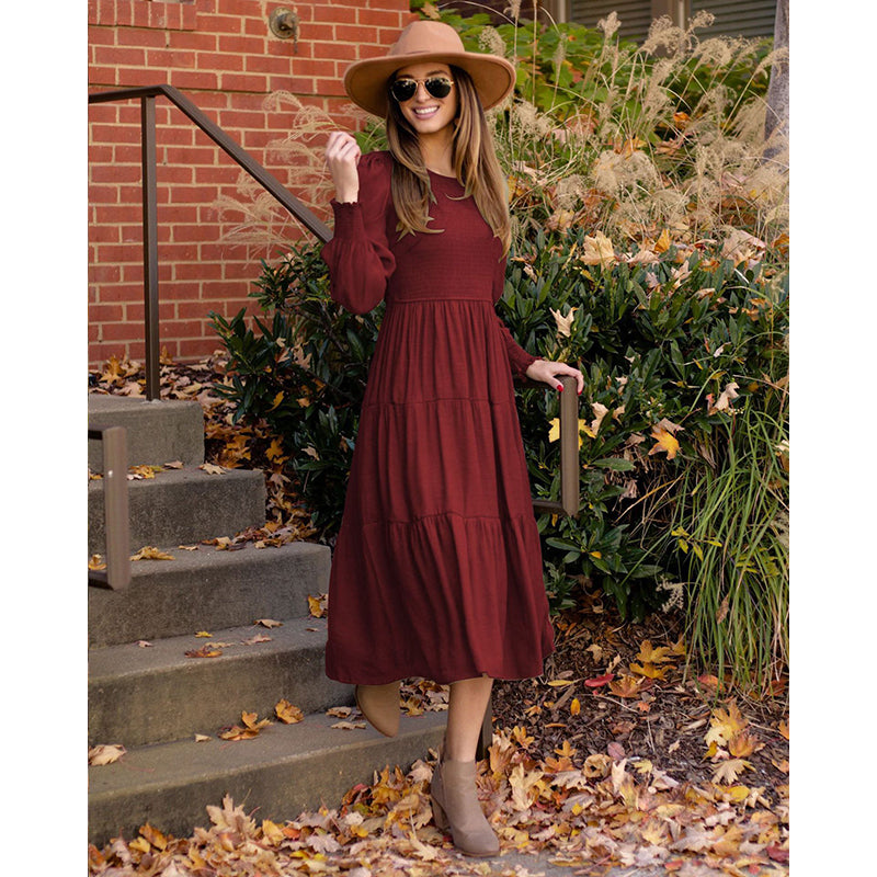 Maroon Cuffed Sleeves Tiered Detail Fit and Flare Midi Dress