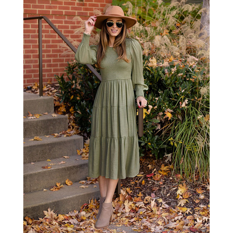 Green Cuff Sleeves Fit & Flare Midi Dress