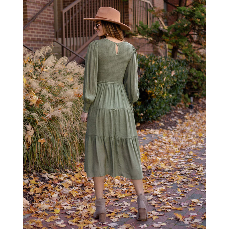 Green Cuff Sleeves Fit & Flare Midi Dress