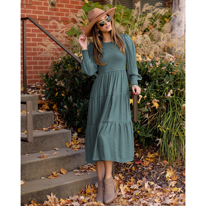 Green Bishop Sleeves Smocked A-Line Midi Dress
