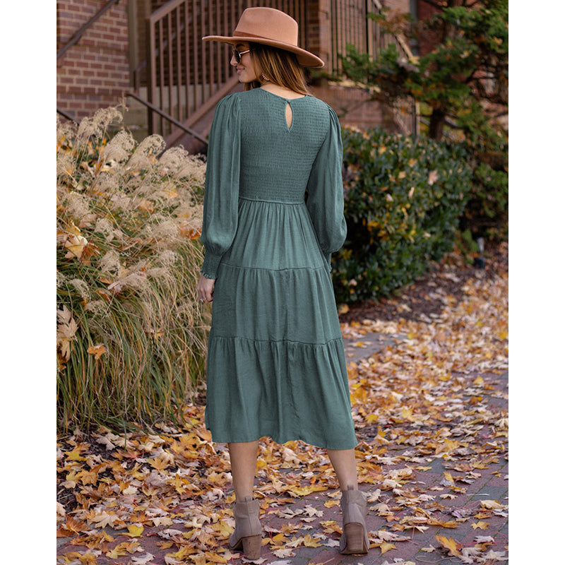 Green Bishop Sleeves Smocked A-Line Midi Dress