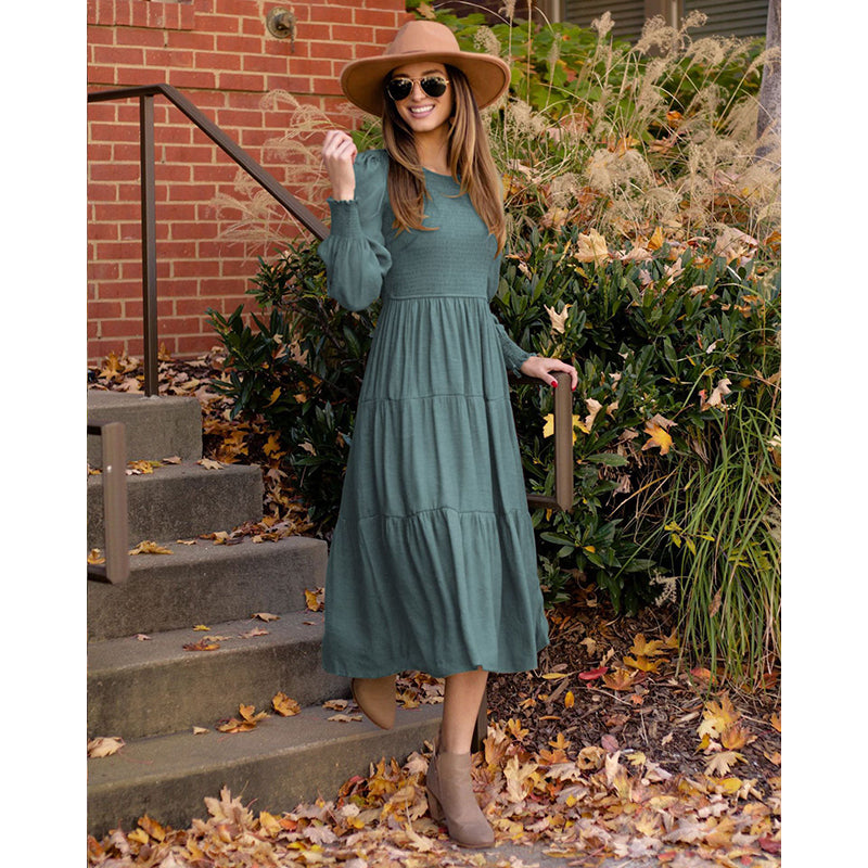 Green Bishop Sleeves Smocked A-Line Midi Dress
