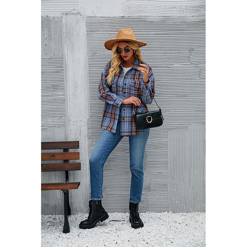 Blue Checked Spread Collar Shacket