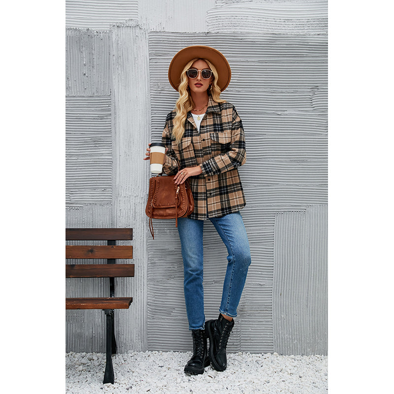 Khaki Checked Spread Collar Shacket