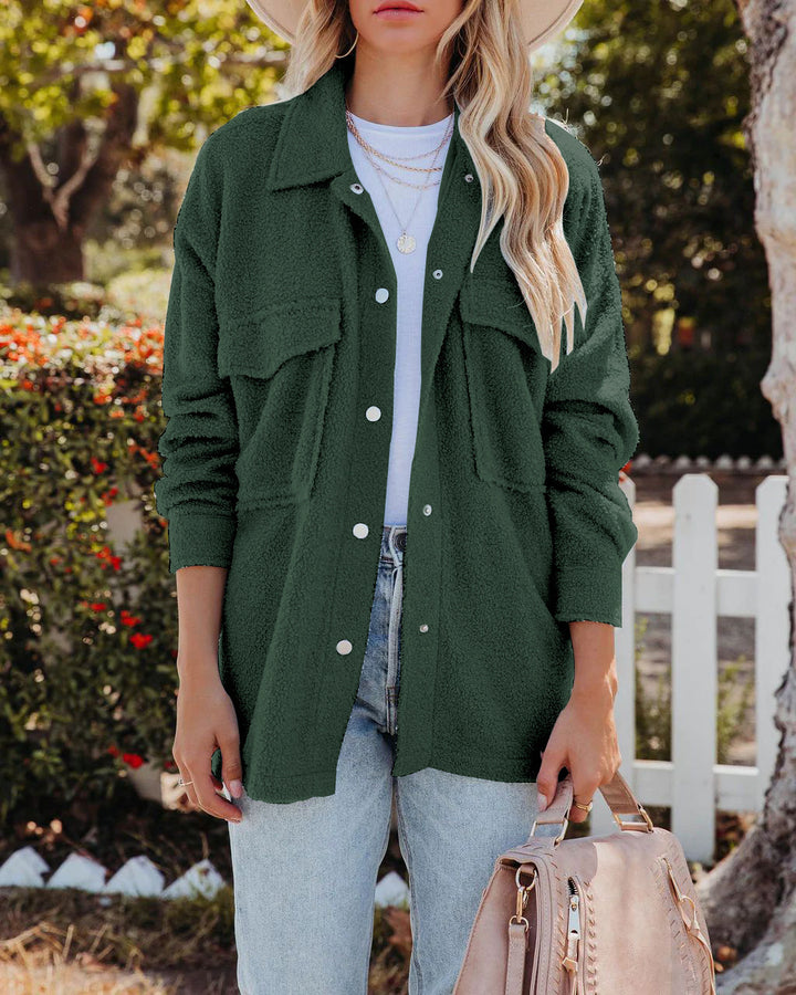 Green Shirt Collar Front-Open Sweater