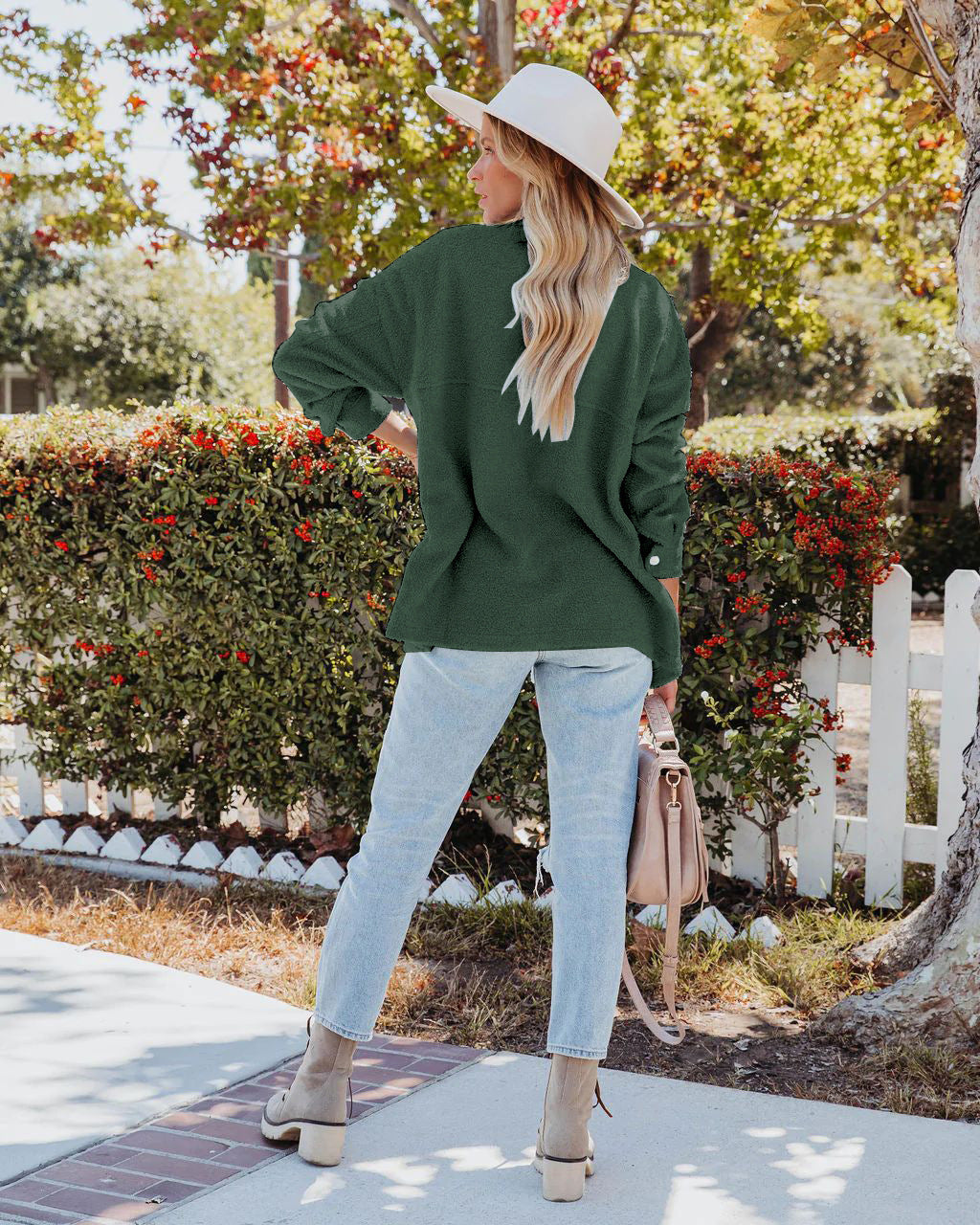 Green Shirt Collar Front-Open Sweater