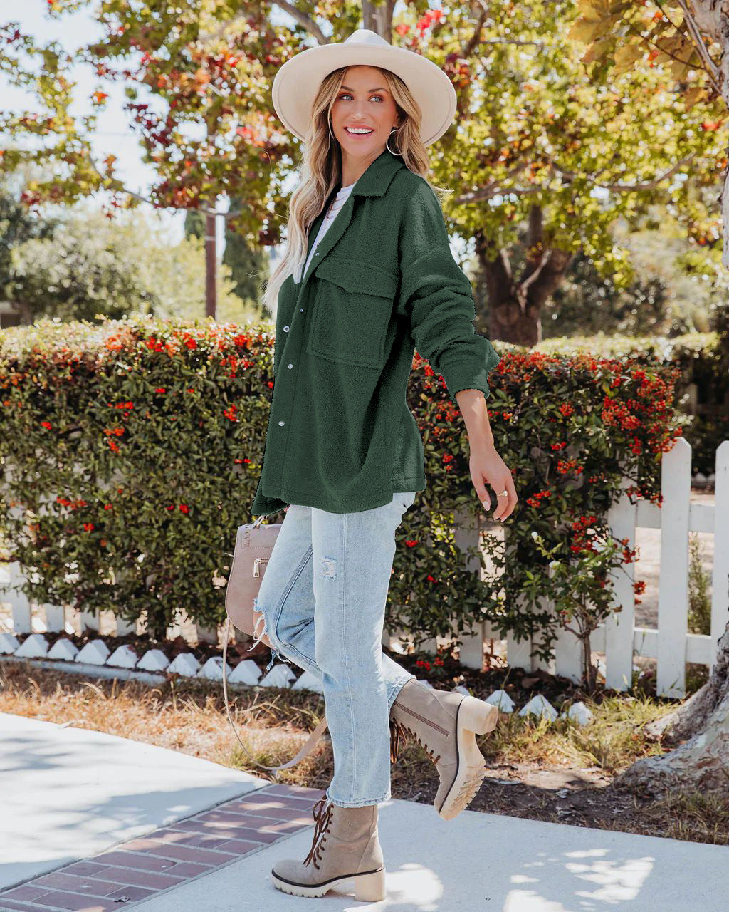 Green Shirt Collar Front-Open Sweater