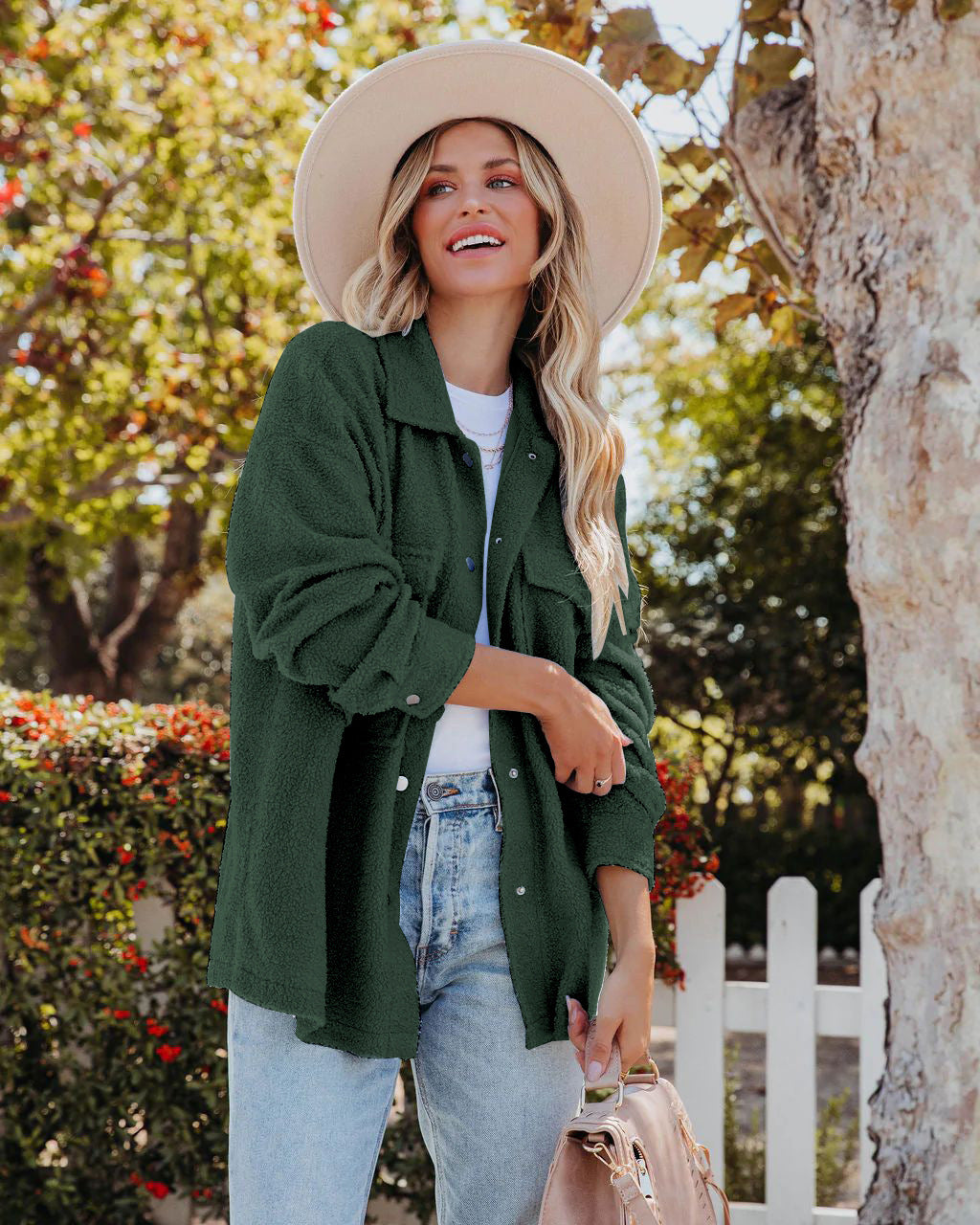 Green Shirt Collar Front-Open Sweater