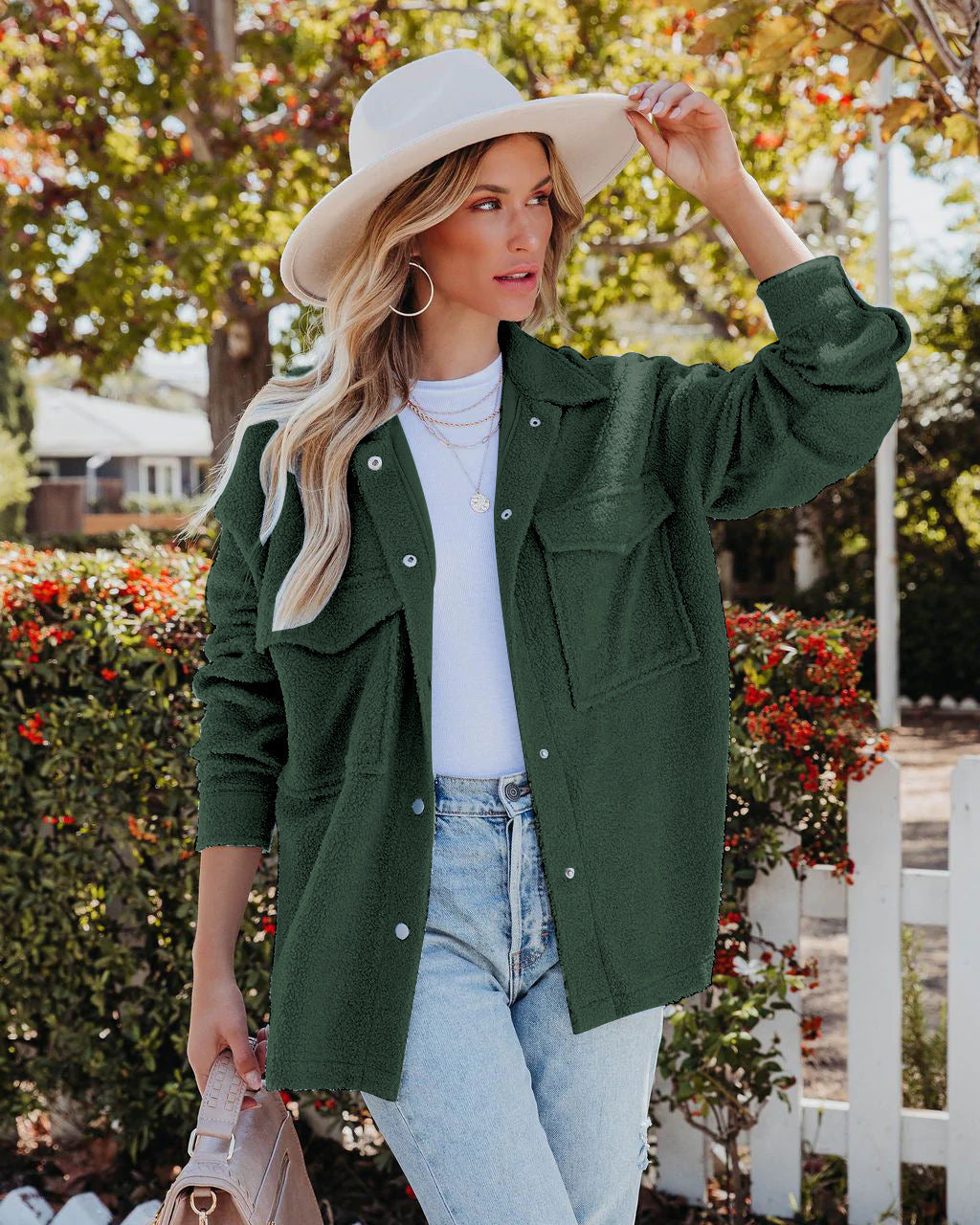 Green Shirt Collar Front-Open Sweater
