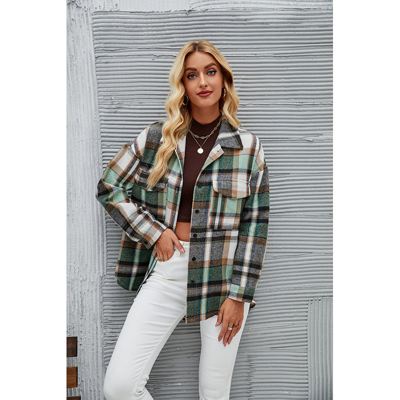 Green Checked Spread Collar Shacket