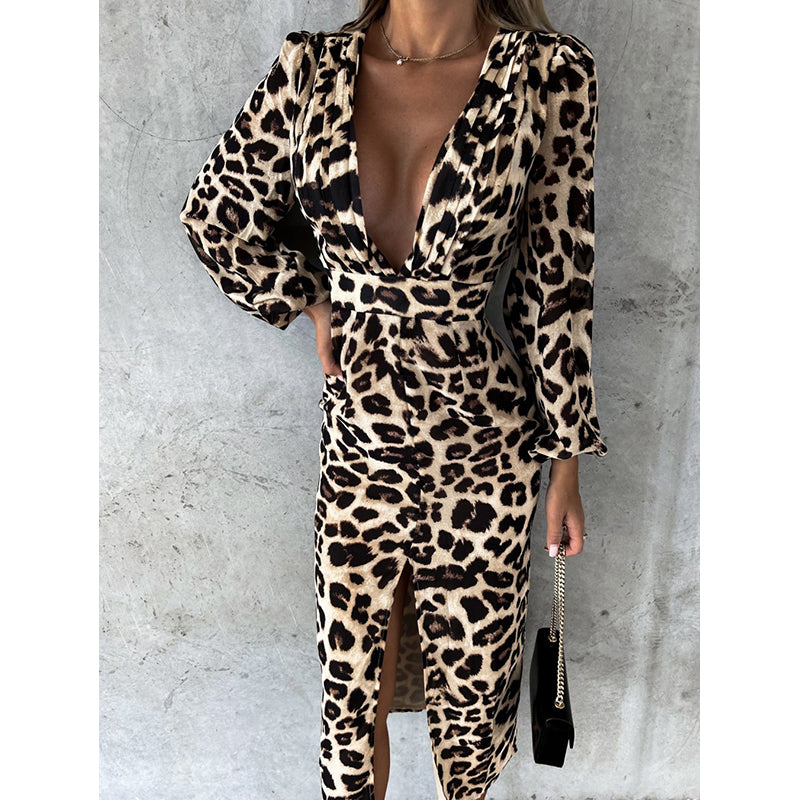 Beige Animal Printed V-Neck Bodycon Dress