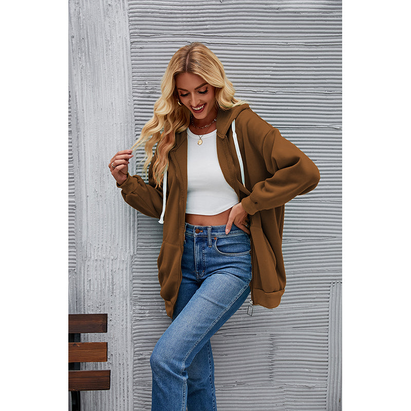 Brown Hooded Longline Front-Open Sweatshirt