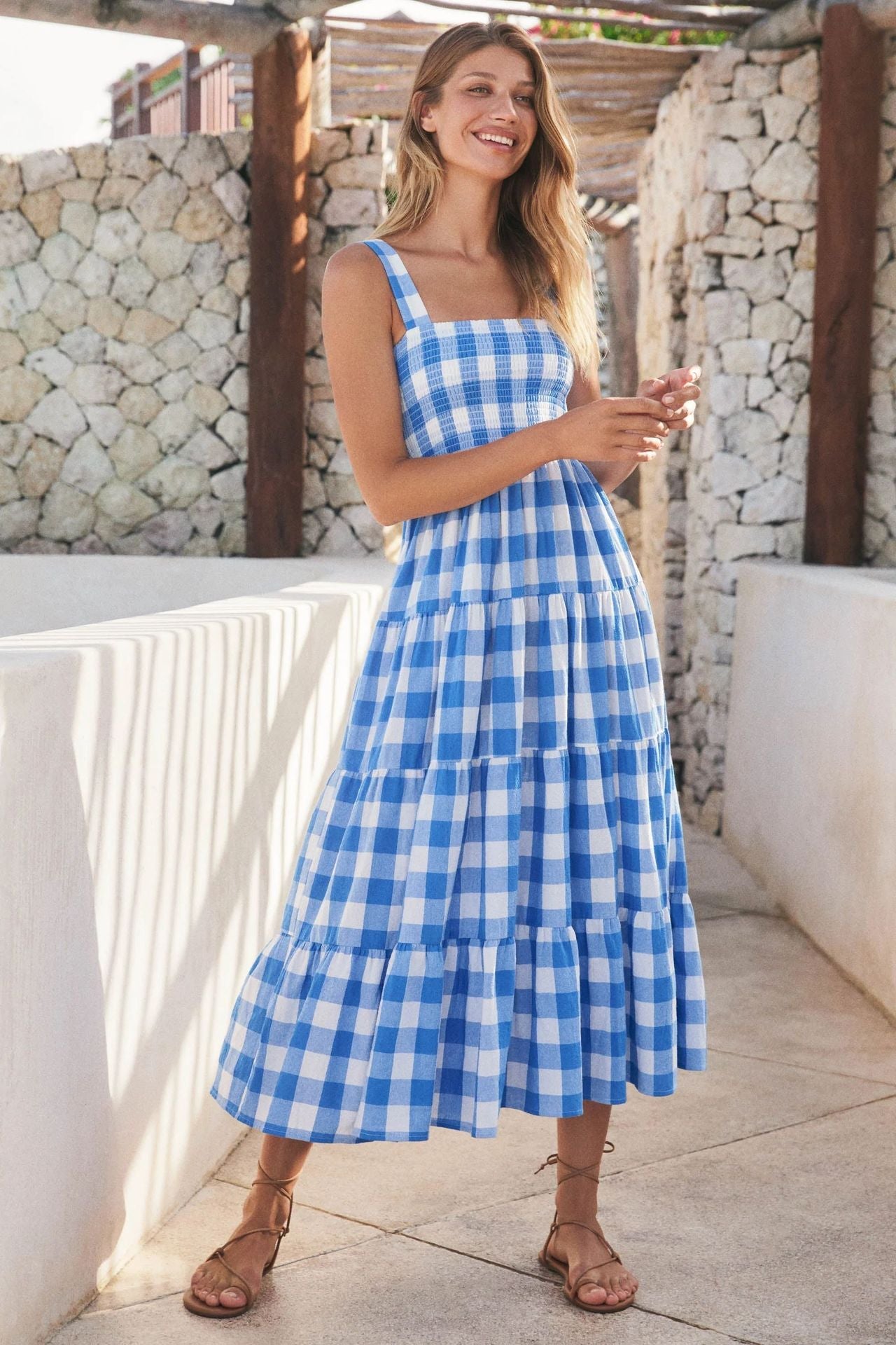 Checked Shoulder Straps Fit & Flare Maxi Dress