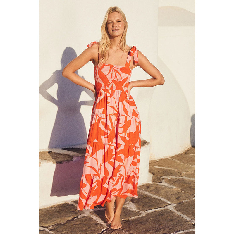 Floral Printed Shoulder Straps Smocked Fit & Flare Maxi Dress