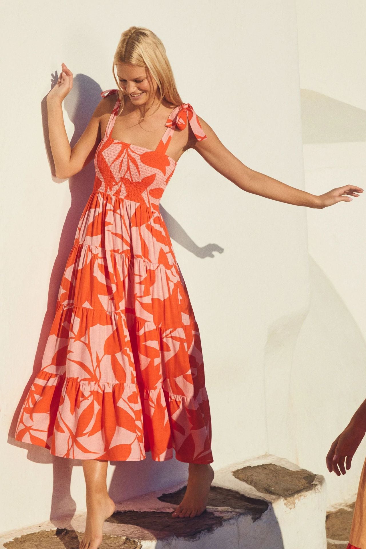 Floral Printed Shoulder Straps Smocked Fit & Flare Maxi Dress