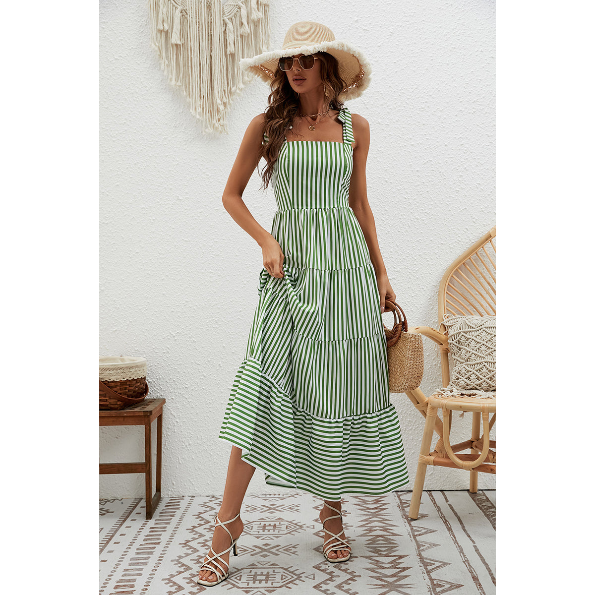 Green Striped Shoulder Straps Tiered Maxi Dress