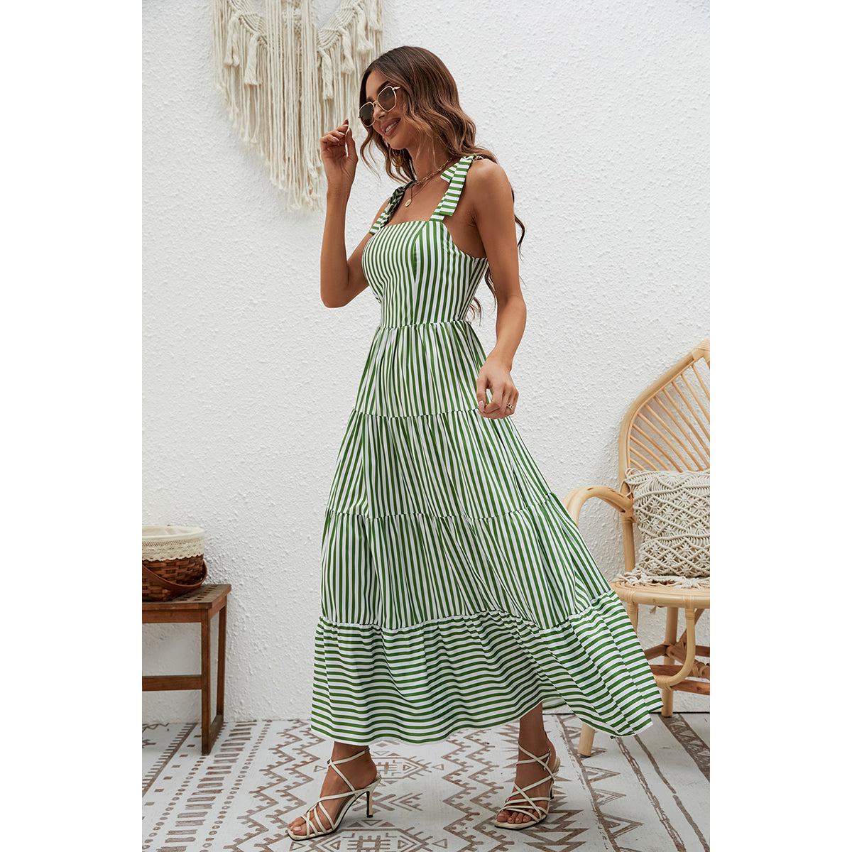 Green Striped Shoulder Straps Tiered Maxi Dress