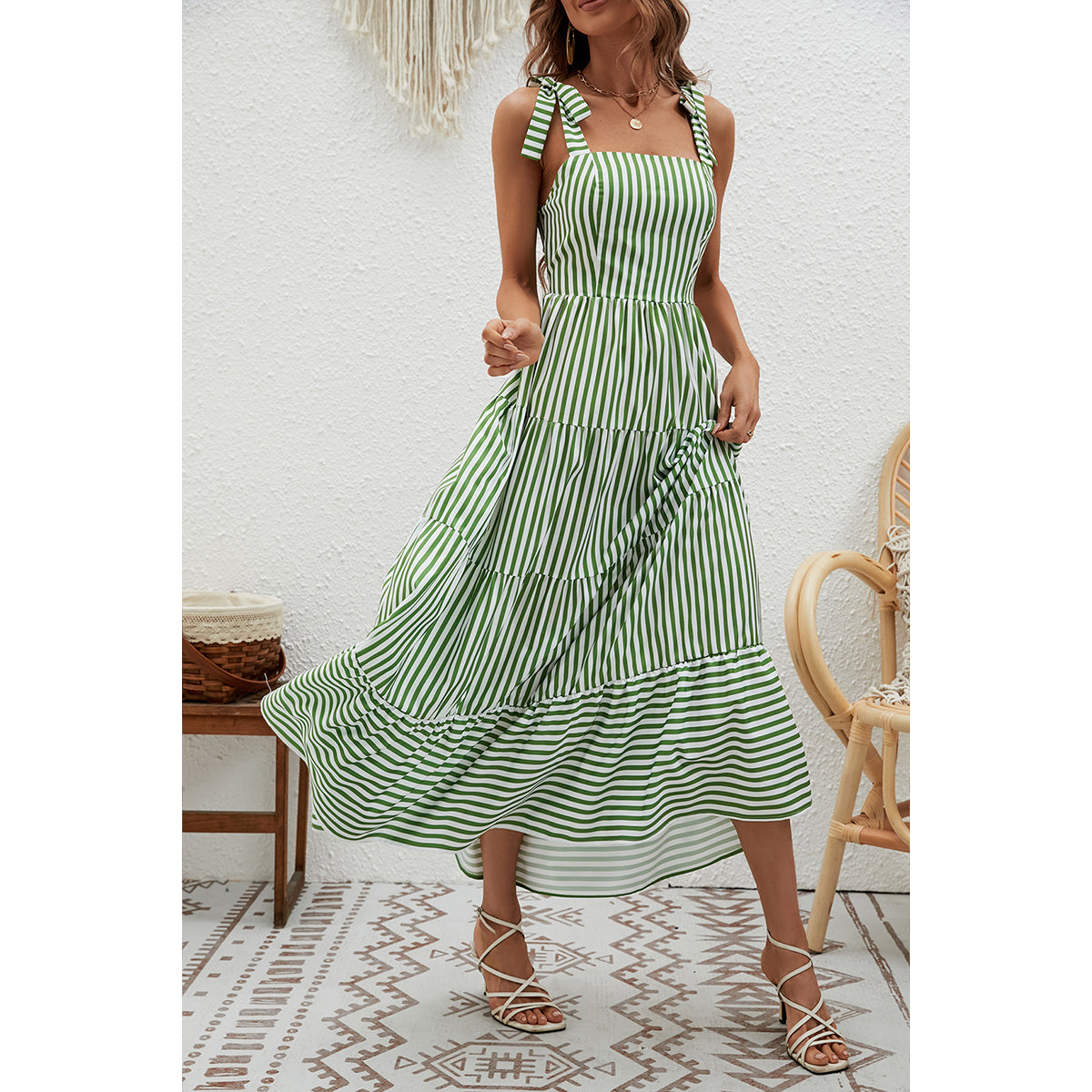 Green Striped Shoulder Straps Tiered Maxi Dress