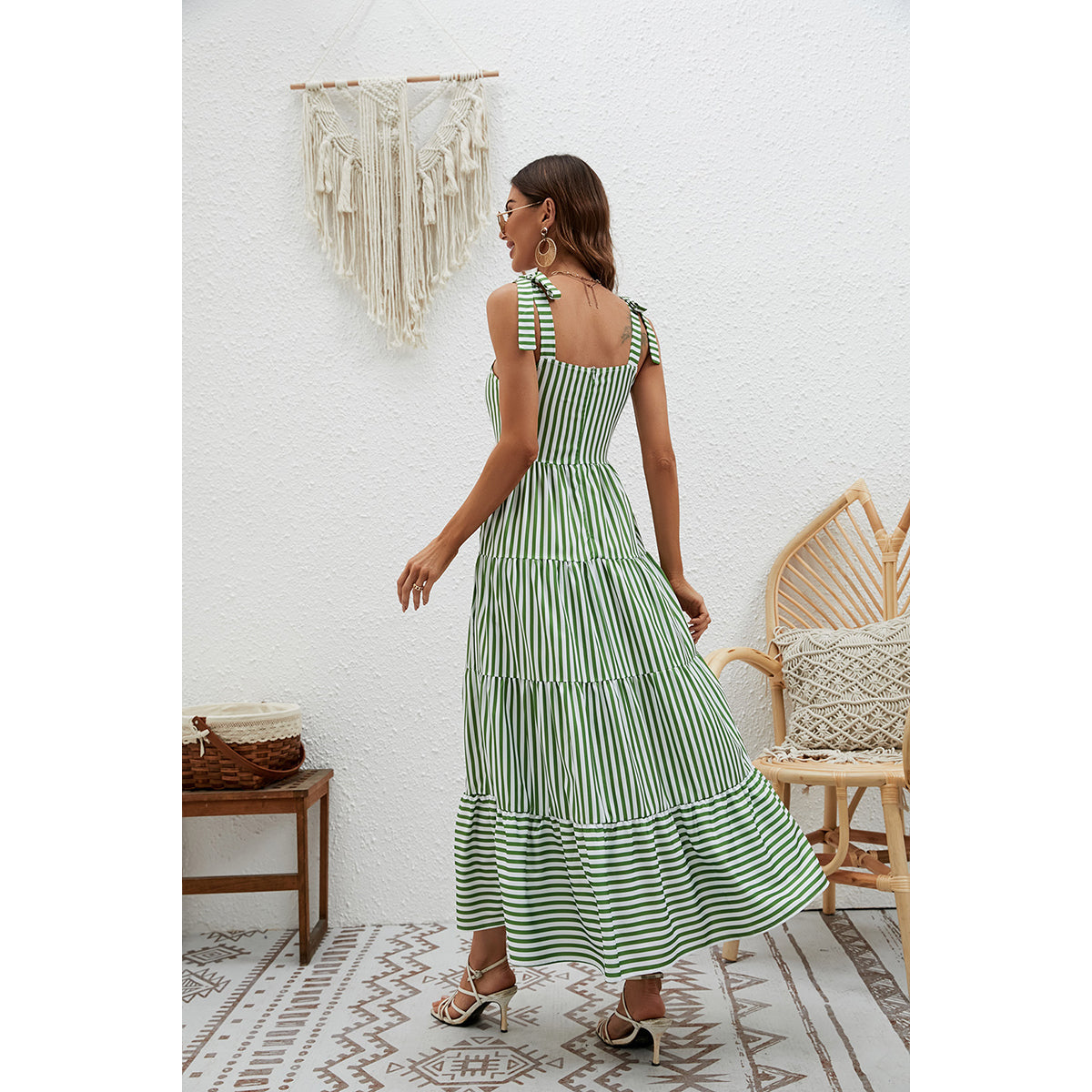 Green Striped Shoulder Straps Tiered Maxi Dress