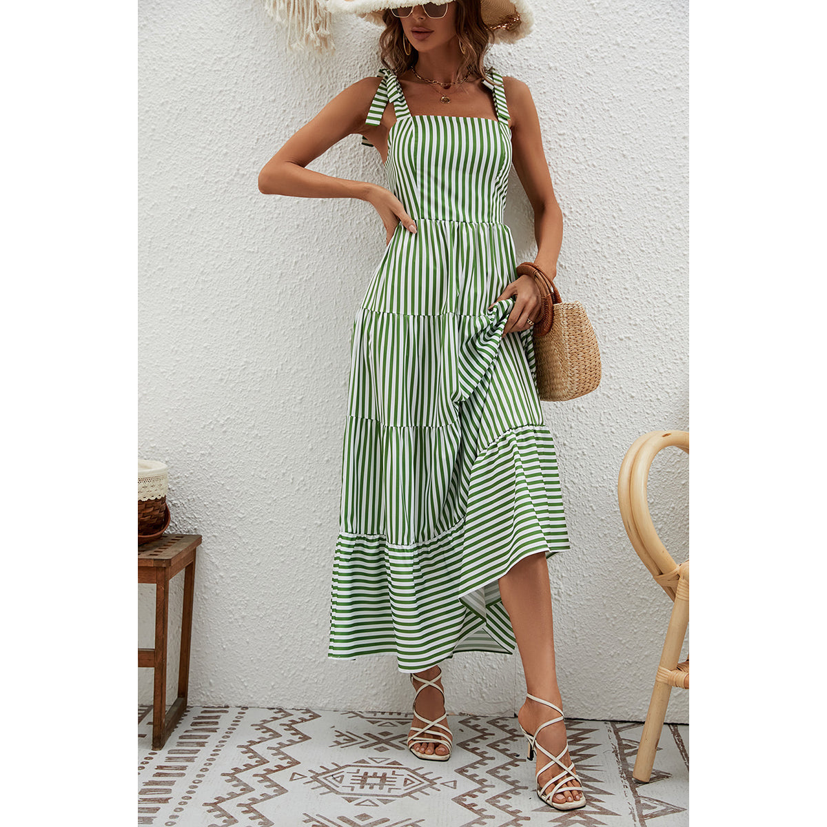 Green Striped Shoulder Straps Tiered Maxi Dress