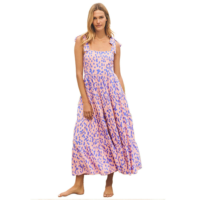 Shoulder Straps Abstract Printed Smocked Tiered Maxi Dress