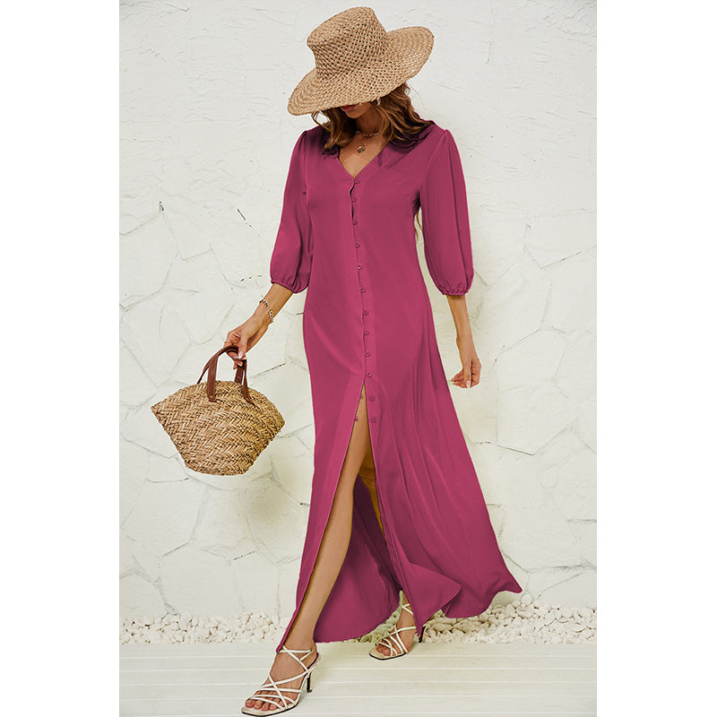 Pink V-Neck Puff Sleeves Maxi Dress