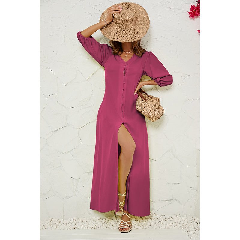 Pink V-Neck Puff Sleeves Maxi Dress